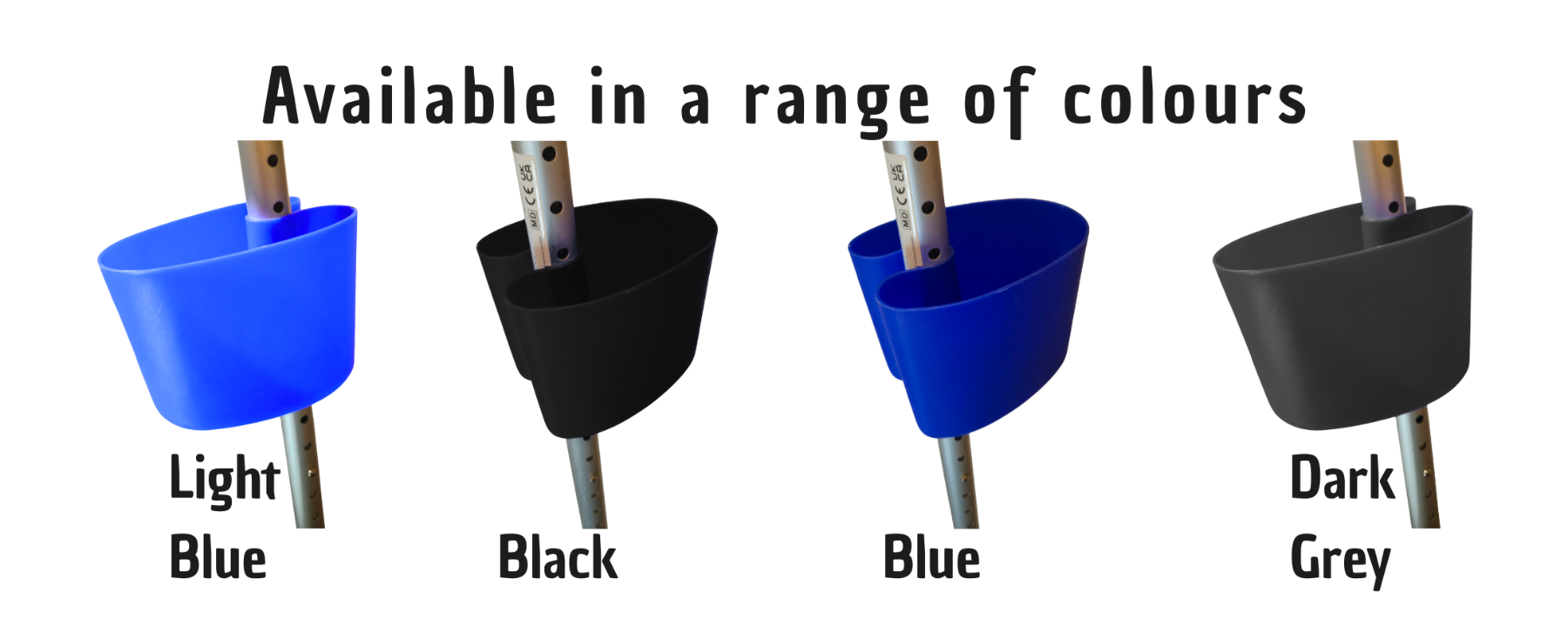Four color options for a product with labels 'Light Blue', 'Black', 'Blue', and 'Dark Grey'.